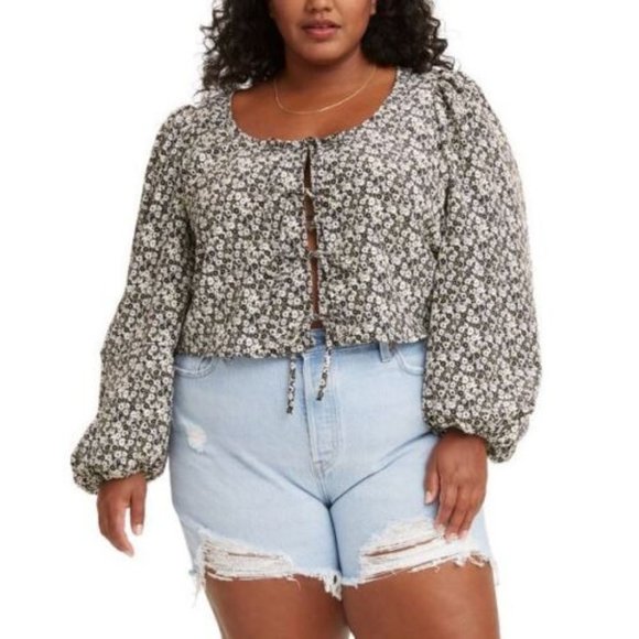 Levis Womens Embry Floral Print Tie-Front Puff Sleeves Blouse Top Plus 3X Black - Picture 1 of 5